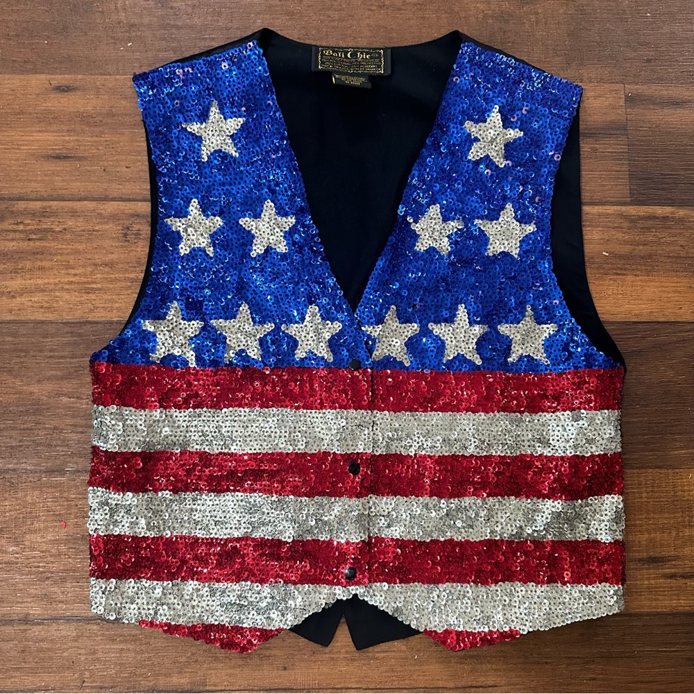 Vtg Bali Chic American Flag Vest Sequins Unisex OS USA Patriot Stars Stripes